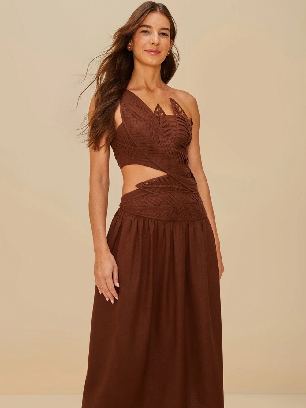 Burgundy Leaves Cut-Out Midi Dress